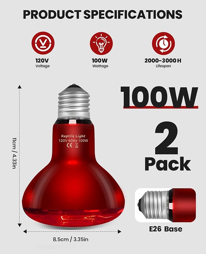 KINDEEP Infrared Heat Lamp Bulbs: 100W Reptile Heat Light 2 Pack - Red Basking Spot Light Bulbs Reptile Heating lamp for Lizard Bearded Dragon Turtle Snake Leopard Gecko Tortoise Chickens