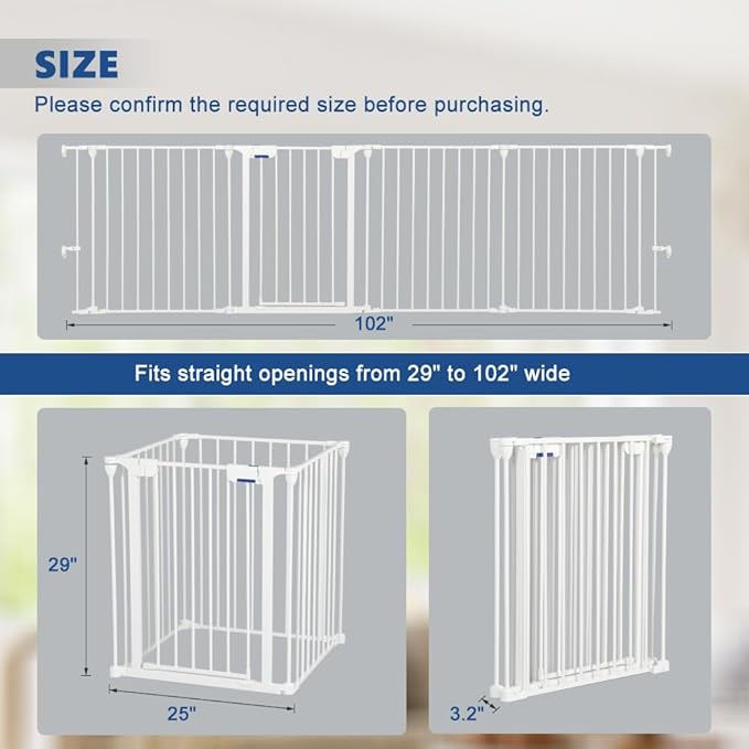 AGESISI Freestanding Dog Gates with Door Walk Through, Extra Wide Doggy Door 100" W x 29" H Pet Gate Safty 4 Panels Dog Fence for Stairs, Doorways, White