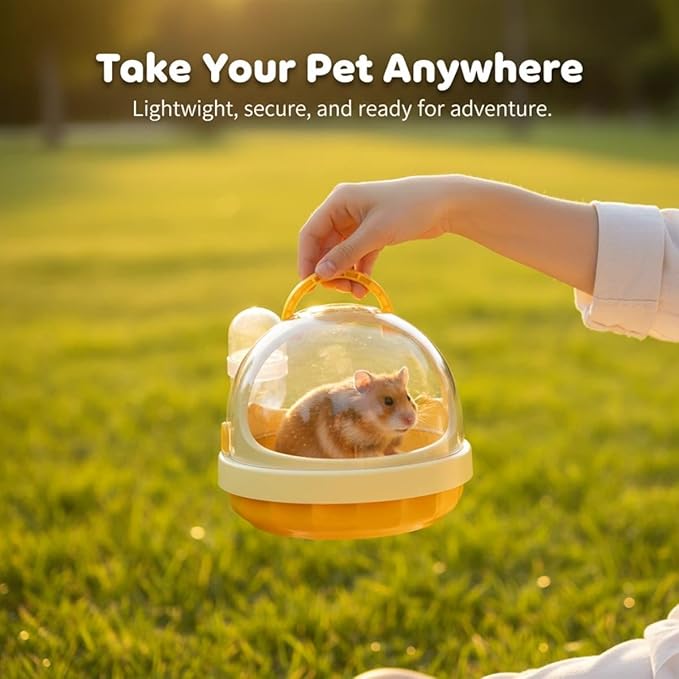 Portable Small pet Carrier with Water Bottle – Hamster Travel cage with Transparent Dome Design, Suitable for Hamsters, Sugar Gliders, and Guinea Pigs. (Cheese Yellow)