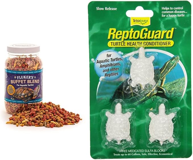 Fluker's Buffet Blend Aquatic Turtle Food, 7.5-Ounce & TetraFauna ReptoGuard Turtle Health Conditioner 3 Count, Slow-Release (19514)