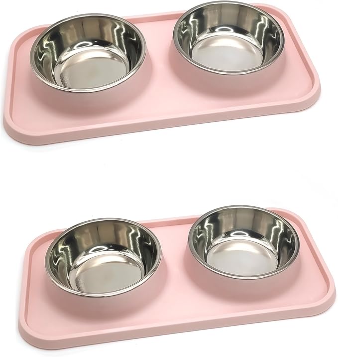 BNOSDM 2 Pcs Double Dog Food Bowls, Stainless Steel Small Dog Food and Water Bowls with Non-Spill Plastic Mat, Pet Cat Feeder Dish Set for Puppy Cats Kitten, Pink