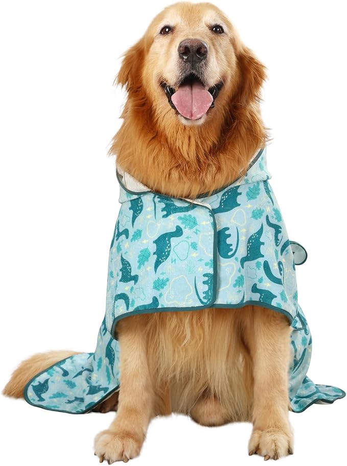 HDE Dog Bathrobe Super Absorbent Quick Drying Puppy Towel Wrap Coat Adjustable After Bath Robes with Hood for Dog Sizes S-XXL Dinosaurs XXL