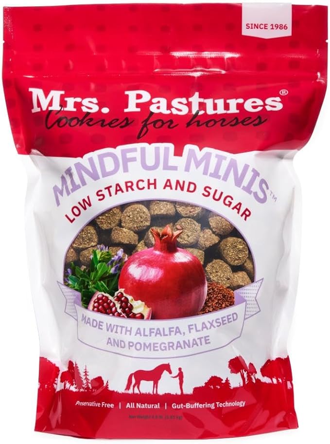 Mrs Pastures Mindful Minis-Cookies and Treats for Horses -Premium Horse Treats -Made with Alfalfa, Flaxseed & Pomegranate -Low Starch and Sugar - Preservative Free - All Natural - Made in USA - (4lbs)