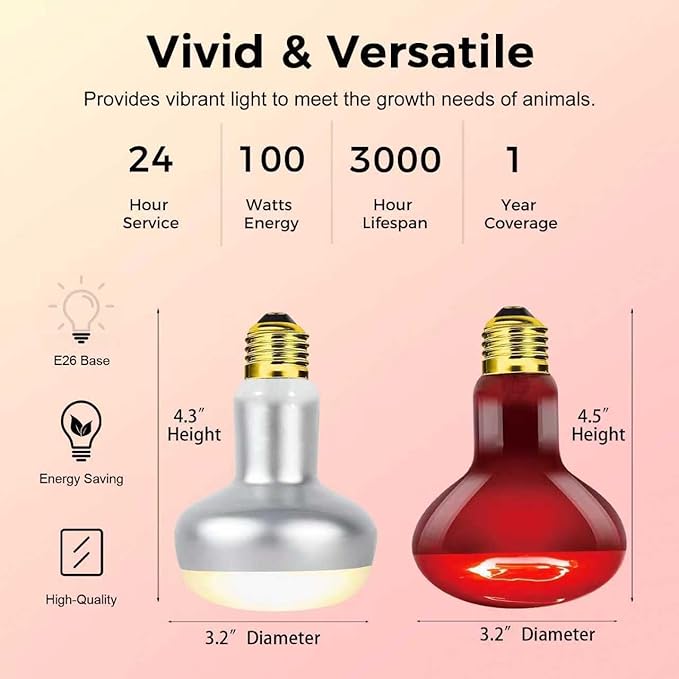 100W Reptile Heat Lamp Bulb, Day & Night Basking Spot Light Combo Pack Includes Infrared Heat Lamp and UVA Daylight Heating Lamp Basking Light for Lizards, Turtles, Chicken，Bearded Dragons