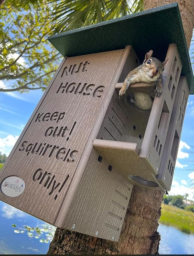 JCS Wildlife Ultimate Wooden Squirrel House, Multi-Tier Squirrel Nesting House with Predator Guards, Weather-Resistant Recycled Poly Lumber, Easy-Clean Tree House for Outside, Green & Tan