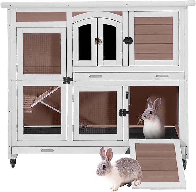Rabbit Hutch Indoor & Outdoor, Mobile Bunny Hutch with Wheels, 47’’ Wooden Rabbit Cage with 2 Pull Out Trays and Ramp, Two-Story Design Guinea Pig Cages