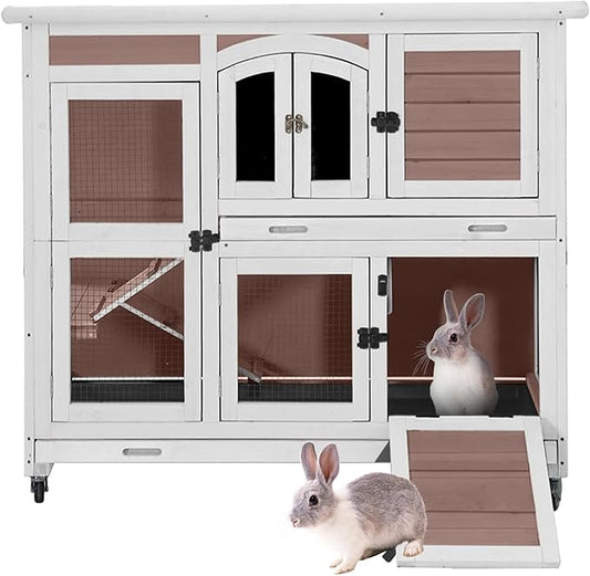 Rabbit Hutch Indoor & Outdoor, Mobile Bunny Hutch with Wheels, 47’’ Wooden Rabbit Cage with 2 Pull Out Trays and Ramp, Two-Story Design Guinea Pig Cages