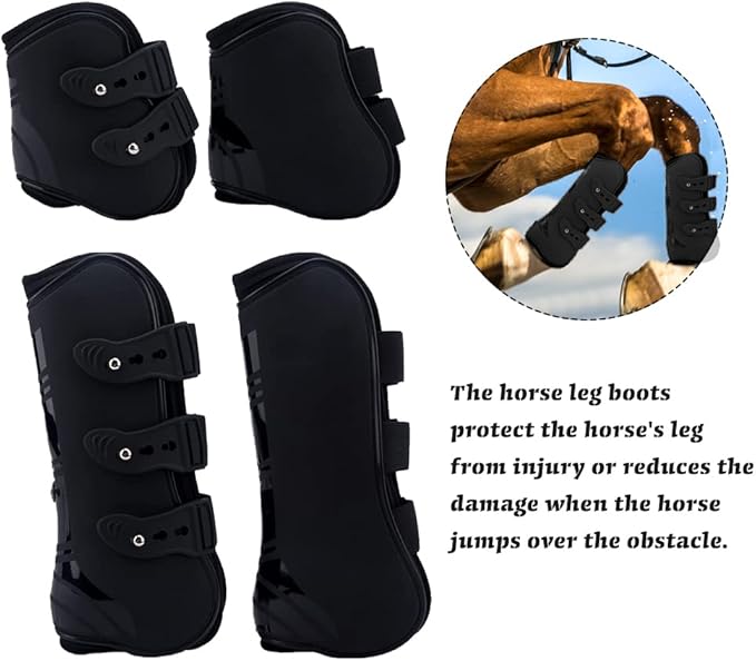 MAYiT Horse Tendon Boots (4 pcs - Front & Hind), PU Shell Tendon Fetlock Brace Guard Boots for Riding Shock Absorbing Jumping Competition Protection