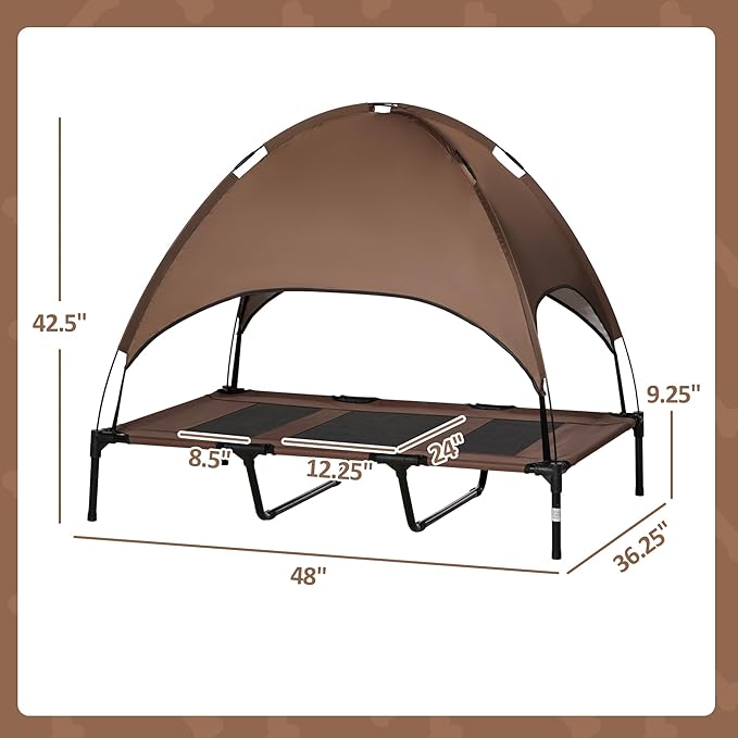 PawHut Elevated Portable Dog Cot Pet Bed with UV Protection Canopy Shade, 48 inch, Coffee