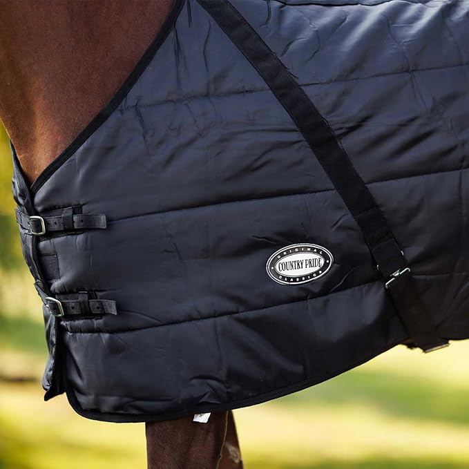 Country Pride Sentinel Channel Quilt Horse Stable Blanket, Midweight Open Front, 420D Nylon Outer Shell, 250g Poly-Fill Insulation, Wither Protection, Adjustable Leg Straps, Bias Surcingle (74,Black)