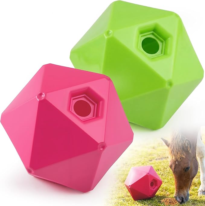 Horse Treat Ball, 9" Horse Ball Feeder Toy & Stress Reliever with 1.13 Inch Opening for Paddock, Slow Feed Enrichment Toys for Horses to Play(2 Pack,Green Pink)