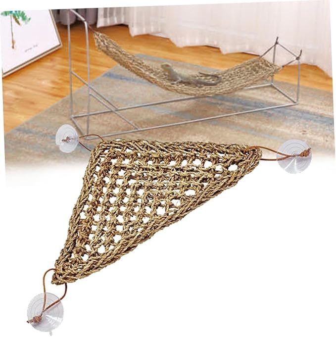 UPKOCH Lizard Grass Mat Handmade Lizard Hammock Swing Bed for Small Reptiles Stable Triangle Structure with Suction Cups for Geckos