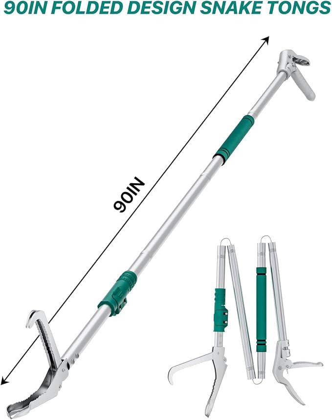 90" Snake Grabber Tool – Heavy Duty Locking Reptile Tongs for Rattlesnakes, Long Reach Folding Snake Catcher for Outdoor, Garden, and Emergency Use