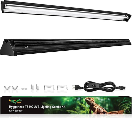 T5 UVB Reptile Light Fixture Upgrade Burn-proof HO UVB Bulb Lighting Combo Kit 10.0 UVB Light for Reptile Terrarium Fluorescent 39W Reptile Light Bar UVA UVB Desert Lamp for Bearded Dragon Turtle Tank