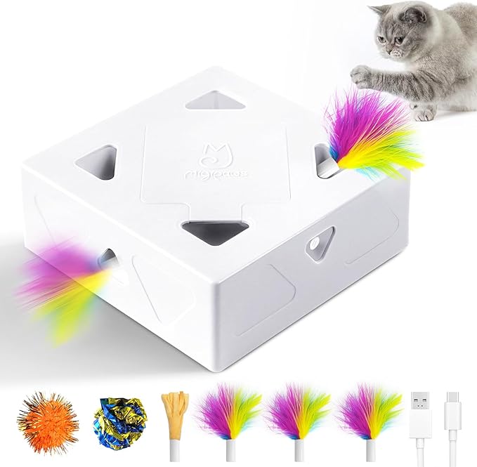 Interactive Cat Toys -Migibox for Indoor Bored Cats, Automatic Pop Out Feathers from 7 Holes Randomly, Motion Activated, USB Rechargeable (Purple Skin) by MigipawsCreateMoreEnjoymenttoPetsandFamily