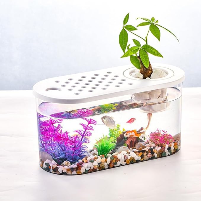 Small Turtle Tank with Basking Platform, Decor Stones and Water Grass, Aquarium Habitat with Plant Holder