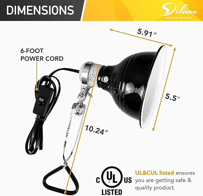 Simple Deluxe 5.5 Inch Reptile Dome Clamp Light Fixture with Aluminum Reflector for Reptile Glass Tank, 60W Ceramic Lamp Cap, Without Bulb, Black