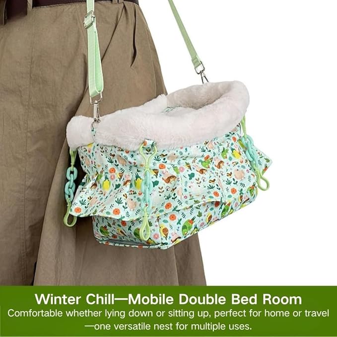 2 in 1 Warm Bird Carrier Bag, Bird Hammock Bed for Cage, Winter Travel Bag, Portable Parrot Outing Bag for Lovebird, Budgie, Conure, Quaker, Small Medium Birds (Green,Large)