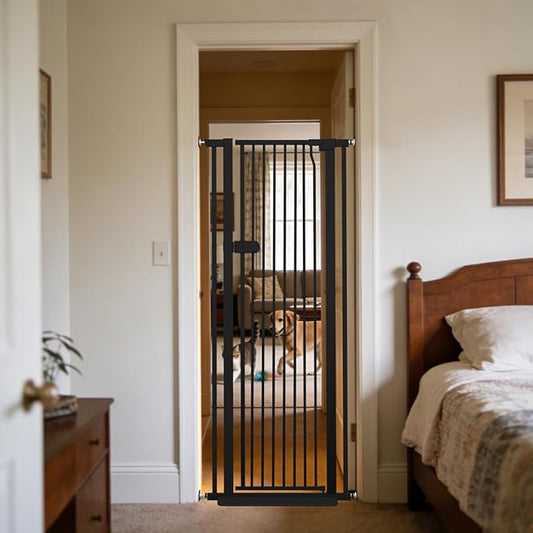 Lumizone Extra Tall Cat Gate 61.02" High Pressure Mounted Extra Wide 2025 New (17 Sizes) 1.37" Gap No Drilling Auto-Close One-Handed Operation Tall Pet Gate for Dogs(Black, 61.02" H x 26.18"-29.91" W)
