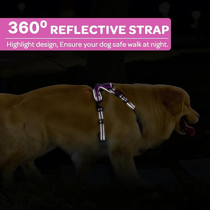 FURRYFECTION Plaid Dog Harness for Large Dogs, Reflective No Pull Adjustable Pet Vest with Front Clip, Leash, Easy Control Handle and Seat Belt, Rose, L