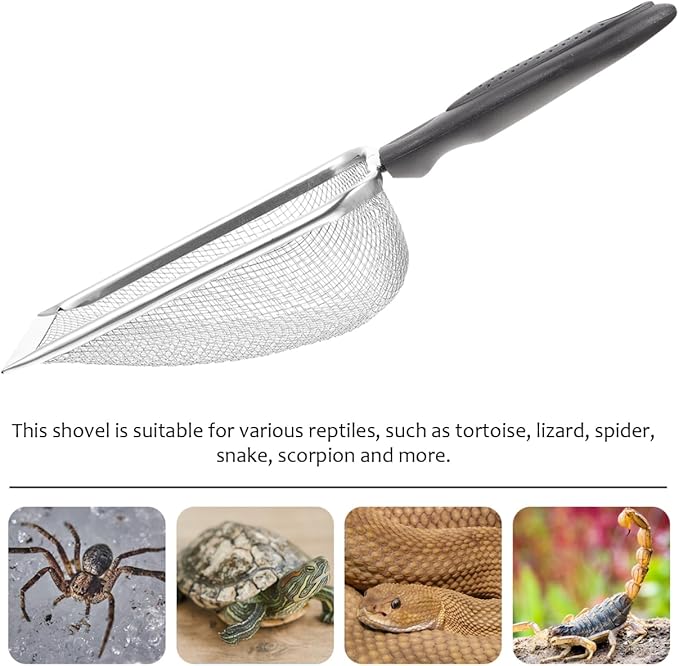 POPETPOP Stainless Steel Reptile Sand Shovel with Fine Mesh Sifter 10.62In Ergonomic Handle for Tortoise Lizard Snake Bedding and Terrarium Substrate Cleaning