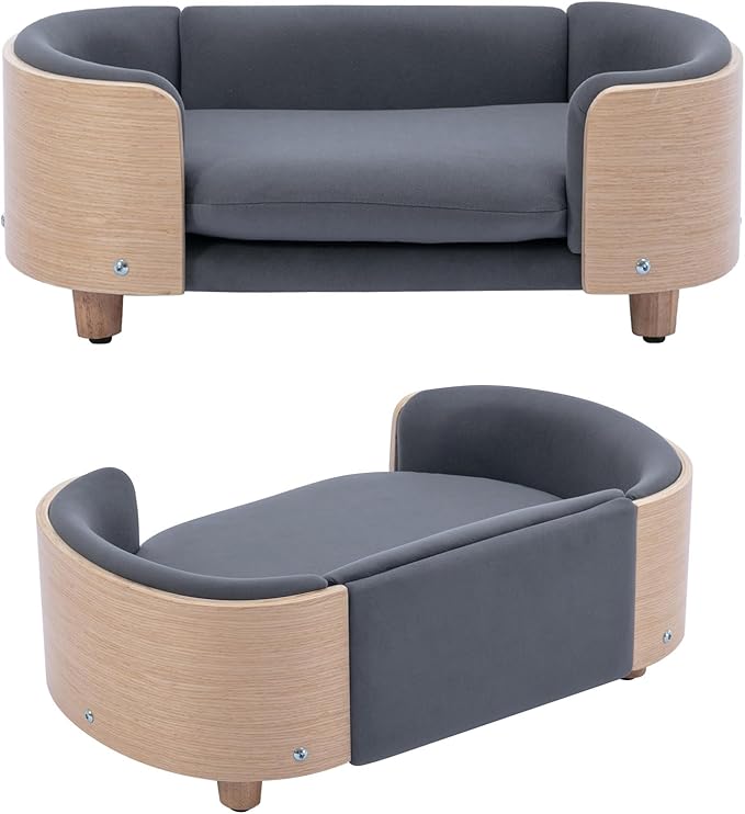 Elevated Dog Bed Pet Sofa with Solid Wood Legs and Bent Soft Backrest, Pet Cat Stool Bed with Velvet Cushion,for Small and Medium Size Dogs Kitten, Dark Gray, Small Size
