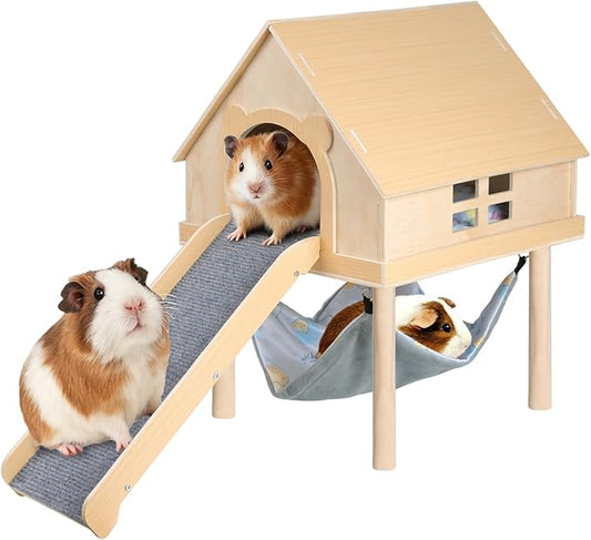 Guinea Pig Hideout- Wooden Guinea Pig Toys with Stairs and Mat & Hammock, Detachable Double-Decker House for Small Animal Toys for Hiding Sleeping Activities