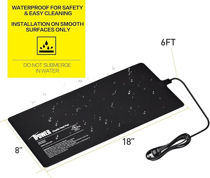 iPower 8x18 Inch Reptile Heat Pad Under Tank Heater, Energy-Efficient & Waterproof Design Terrarium Warmer Mat for Turtles, Lizards, Snakes & Small Pets
