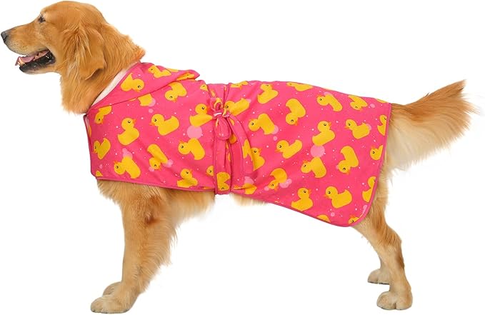 HDE Dog Bathrobe Super Absorbent Quick Drying Puppy Towel Wrap Coat Adjustable After Bath Robes with Hood for Dog Sizes S-XXL Pink Rubber Ducks L
