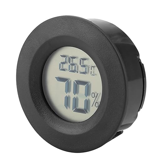 Fydun Digital Thermometer Hygrometer, LCD Temperature Humidity Mini Hygrometer Round Shape Thermometers Meter for Reptile Incubator Aquarium Poultry, Compact Size & (Black)