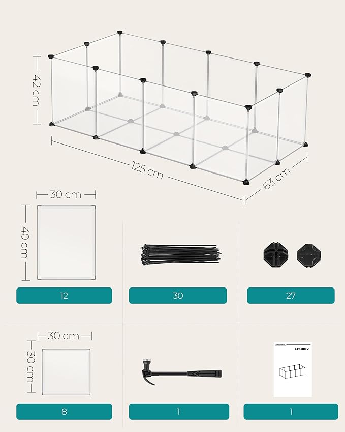 SONGMICS 20 Panels Pet Playpen with Floor, Small Animal Playpen, Pet Fence Indoor, DIY Plastic Enclosure for Guinea Pigs, Bunny, Hamsters, Hedgehogs, 49.2 x 24.8 x 16.5 Inches, White ULPC001W01