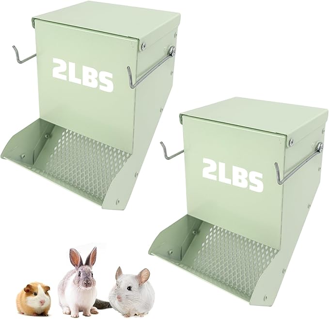 2 Pcs Metal Small Animal Feeder for Cages, Large Capacity Food Dispenser with Lid, Great for Rabbits, Guinea Pigs, Chinchillas,Chicken and Other Small Animals(4.7 Inches,Light Green)