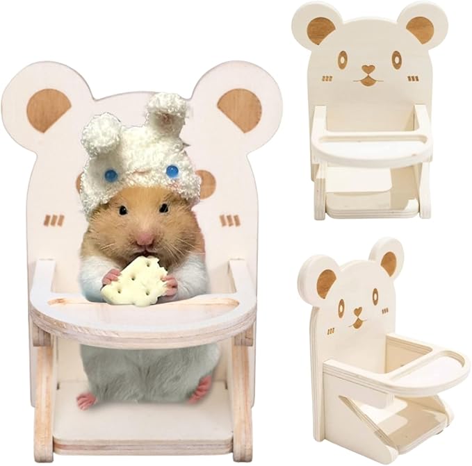 Hamster Chair with Food Bowl Tray- Handmade Wooden Small Animal Cage Accessories Habitat Decor House Photo Props Small Animal Toys for Hamster Mice Rat Hedgehog Rodents (Wood)