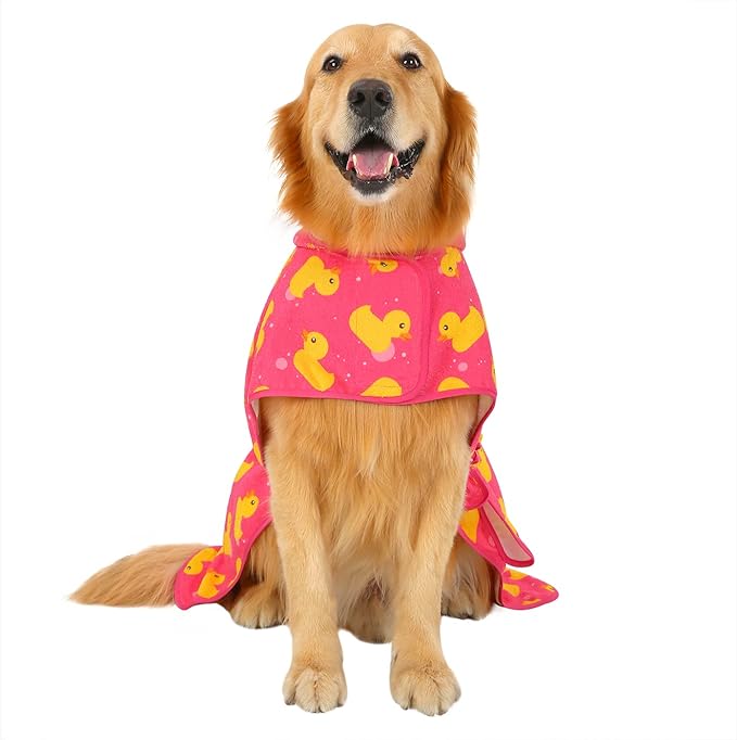 HDE Dog Bathrobe Super Absorbent Quick Drying Puppy Towel Wrap Coat Adjustable After Bath Robes with Hood for Dog Sizes S-XXL Pink Rubber Ducks XXL