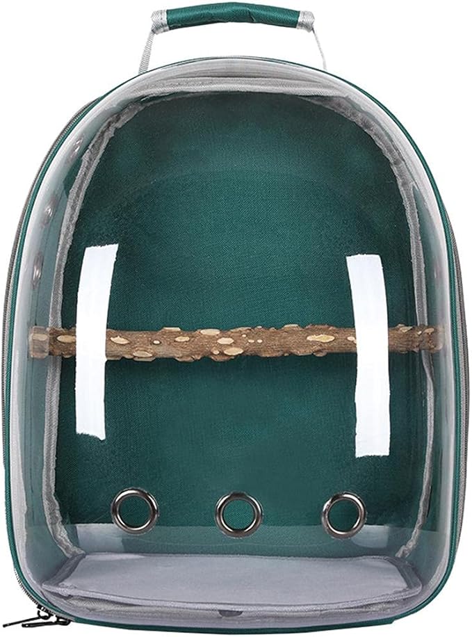 Bird Traval Carrier Cage, Clear Space Capsule Backpack to Carry Parakeet Cockatiel, Vet Transport School Bag (Green)