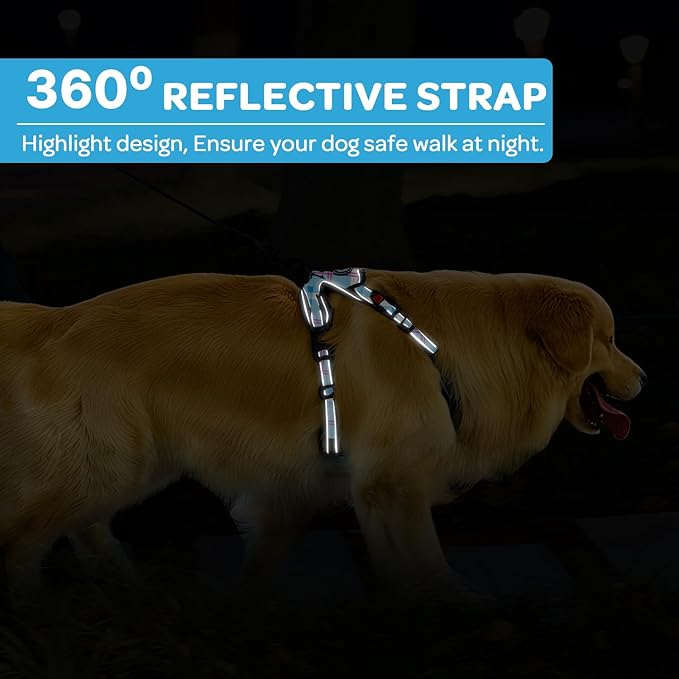 FURRYFECTION Plaid Dog Harness for Large Dogs, Reflective No Pull Adjustable Pet Vest with Front Clip, Leash, Easy Control Handle and Seat Belt, Blue&White, L