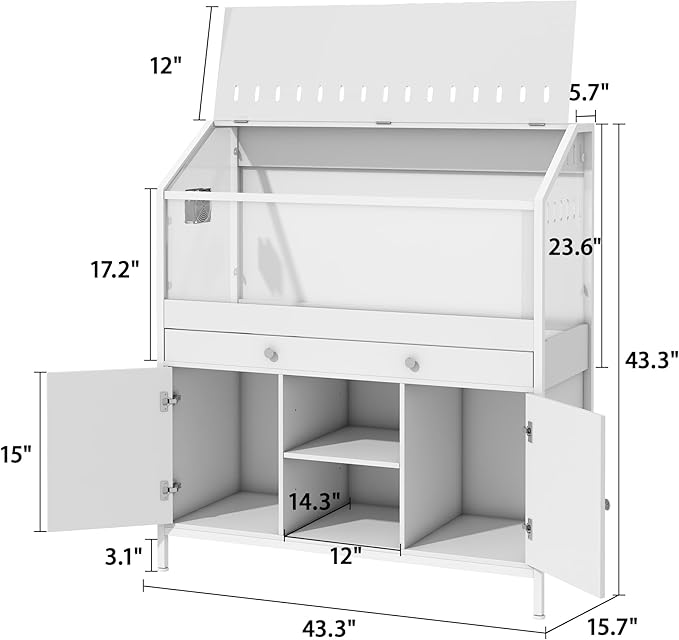 Pipleo Hamster Cage with Storage Cabinet, 43.3" Small Animal Cage with LED Lights and Fan, Easy View Acrylic Panel, Large Habitat for Guinea Pig, Ferret, Rat, Hedgehog