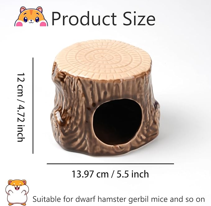 Ceramic Hamster Hideout,Stump Shape Dwarf Hamster House, Natural Guinea Pig Habitat Decor, Hideaway House for Gerbil, Cool Bed for All Season(Brown)