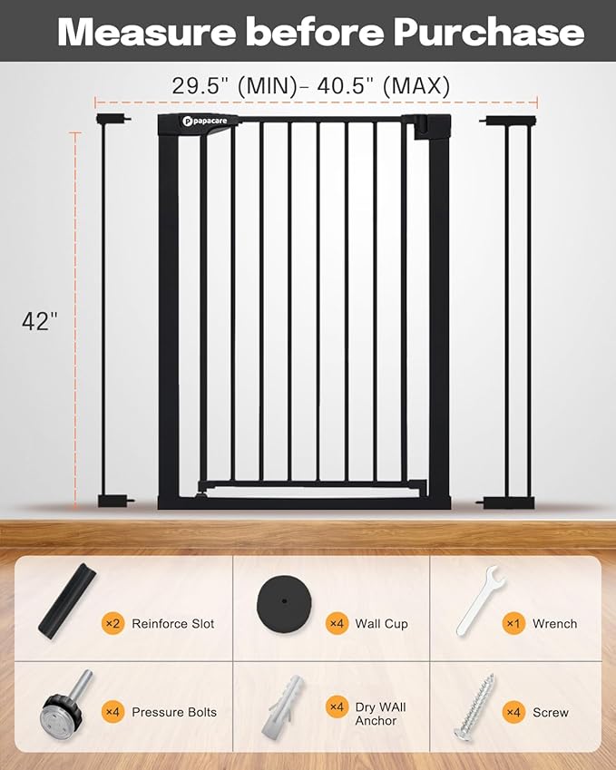 42" Extra Tall Baby Gate for Stairs Doorways, Fits Openings of 29.5" to 40.5" Wide, Auto Close Extra Wide Baby and Pet Gate for Doorways and Stairways,Pressure Mounted Dog Gates, Black