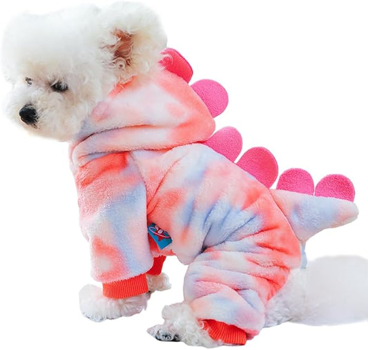 Dinosaur Dog Clothes for Small Puppy Girl, Boy: Fleece Winter Puppy Coat with Leash Ring, Cat Costume for Cold Weather, Funny Dinosaur Costume for Christmas, Halloween. (Pink, X-Large)
