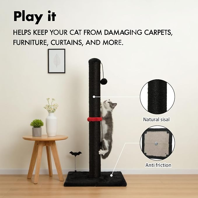 MECOOL Cat Scratching Post Premium Sisal Scratch Posts with Hanging Ball Vertical Scratcher for Indoor Cats and Kittens,Black - Image 3