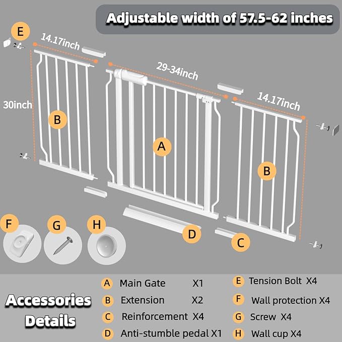 57.5"-62" Extra Wide Auto Closing Baby Safety Gate for Stairs & Doorways, Pressure Mounted No Drill Pet Gate with Walk-Through Door - Heavy Duty Childproof Gate for Toddlers, Kids, Dogs