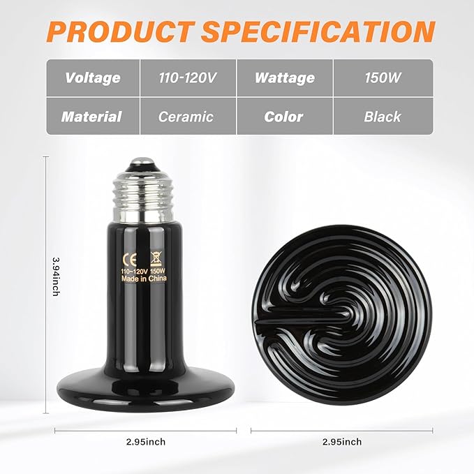 Simple Deluxe 150W Ceramic Reptile Heat Lamp Bulb & 150W Clamp Light with 8.5" Aluminum Reflector, LCD Digital Aquarium Thermometer Combo for Amphibian Pets