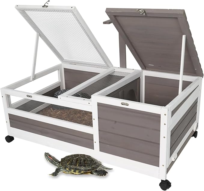 Ketive Tortoise Habitat Large Wooden Tortoise House Indoor & Outdoor, Reptile Cage for Small Animals-Leakproof Tray (Grey, 23" D x 38.98" W x 14.5" H)