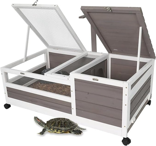 Ketive Tortoise Habitat Large Wooden Tortoise House Indoor & Outdoor, Reptile Cage for Small Animals-Leakproof Tray (Grey, 23" D x 38.98" W x 14.5" H)