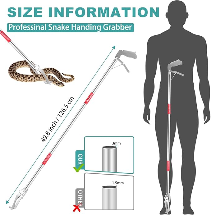 50" Collapsible Stainless Steel Snake Grabber Tool: Multi-Functional Hook, Tongs, Pole, Reacher for Safe Snake Handling and Rattlesnake Catching