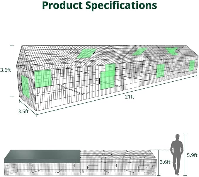 PawGiant Chicken Coop, Chicken Run Pen for Yard with Cover Outdoor Metal Portable Chicken Tractor Cage Enclosure Crate Outside for Small Animals Duck Rabbit Hen 21ft x 3.5ft