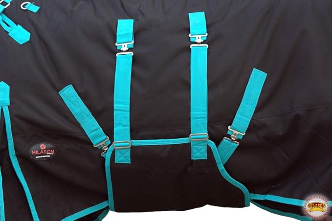 Black with Turquoise Trims 66 inch HILASON 1200D Winter Waterproof Poly Horse Turnout Blanket Belly Wrap