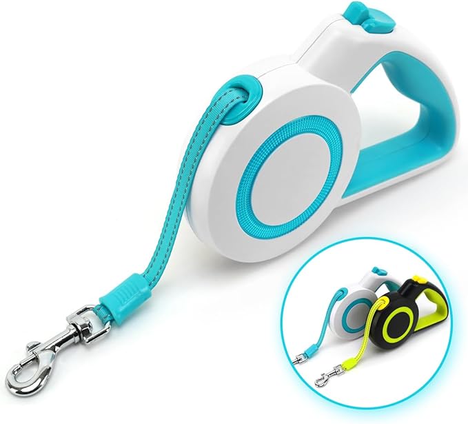enrgticdg 16Ft Retractable Dog Leash,Night Reflection,Light Weight Leash for Small to Medium Dogs/Cats,Stainless SteelSpring,Strong Nylon Tape,One-Handed Brake(Blue-White)