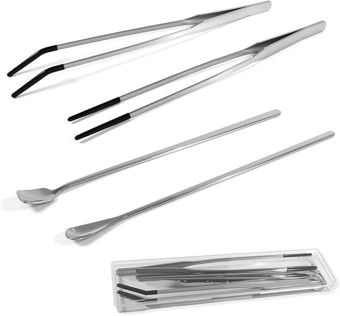 4 Pcs Reptile Feeding Tools Set with Silicone Tips - Extra Long Straight & Curved Tongs, Spoons - Stainless Steel Terrarium Feeder Kit for Bearded Dragons, Lizards, Snakes, Spiders, Aquarium